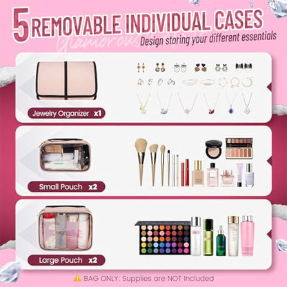 Large Capacity Travel Makeup Backpack with 5 Removable Organizer Cases & Jewelry Roll(pink) V888-ELOSUNG37003