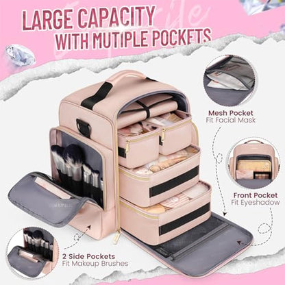 Large Capacity Travel Makeup Backpack with 5 Removable Organizer Cases & Jewelry Roll(pink) V888-ELOSUNG37003