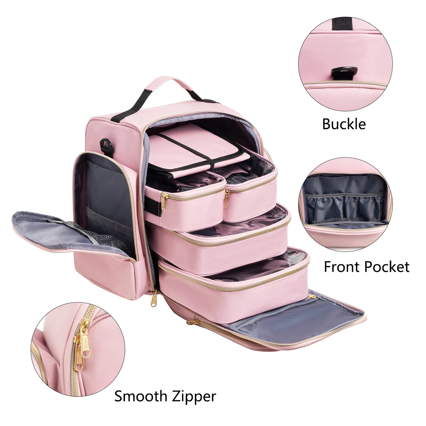 Large Capacity Travel Makeup Backpack with 5 Removable Organizer Cases & Jewelry Roll(pink) V888-ELOSUNG37003