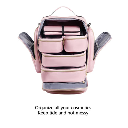 Large Capacity Travel Makeup Backpack with 5 Removable Organizer Cases & Jewelry Roll(pink) V888-ELOSUNG37003