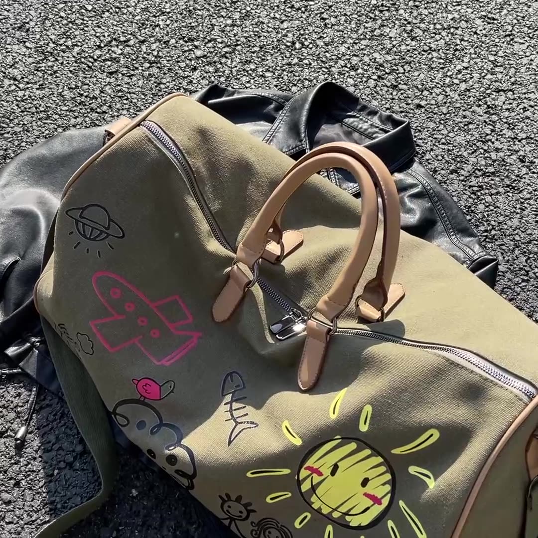 Large Capacity Canvas Travel Duffel Bag with Doodle Print - Weekend & Gym Tote(black) V888-ELOSUNG37027