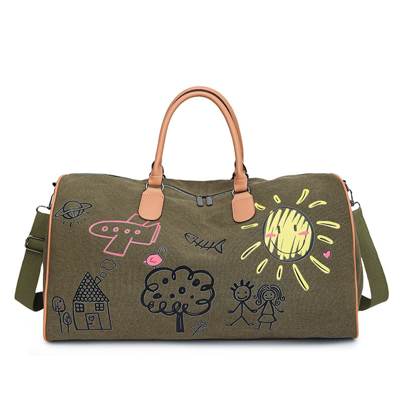 Large Capacity Canvas Travel Duffel Bag with Doodle Print - Weekend & Gym Tote(Green) V888-ELOSUNG37028