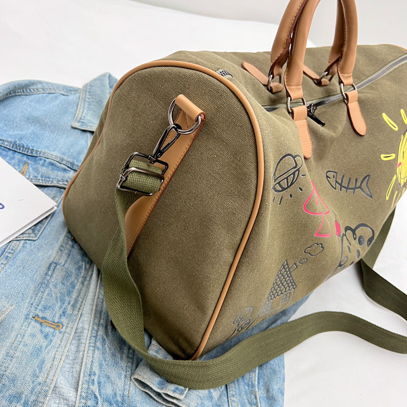 Large Capacity Canvas Travel Duffel Bag with Doodle Print - Weekend & Gym Tote(Green) V888-ELOSUNG37028