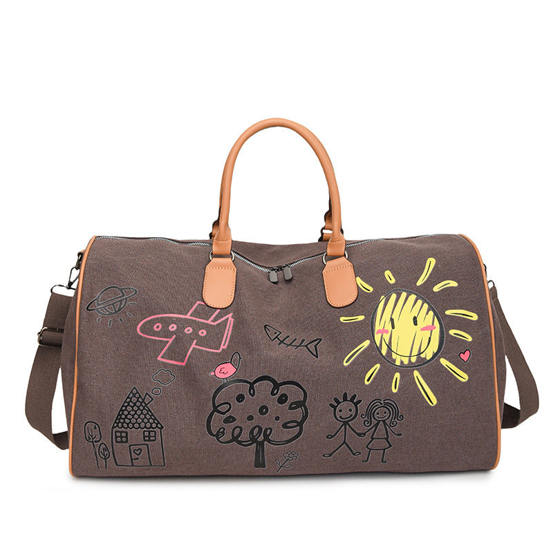 Large Capacity Canvas Travel Duffel Bag with Doodle Print - Weekend & Gym Tote(Coffee) V888-ELOSUNG37029