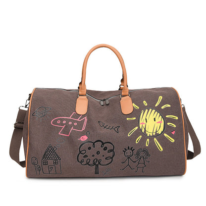 Large Capacity Canvas Travel Duffel Bag with Doodle Print - Weekend & Gym Tote(Coffee) V888-ELOSUNG37029