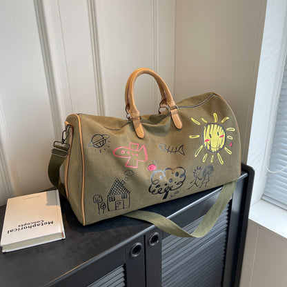 Large Capacity Canvas Travel Duffel Bag with Doodle Print - Weekend & Gym Tote(Coffee) V888-ELOSUNG37029
