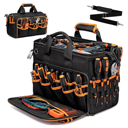 Heavy-Duty 17-Inch Tool Bag with 46 Pockets, Waterproof Base & Shoulder Strap(Black Orange) V888-ELOSUNG37057