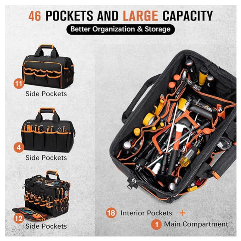 Heavy-Duty 17-Inch Tool Bag with 46 Pockets, Waterproof Base & Shoulder Strap(Black Orange) V888-ELOSUNG37057