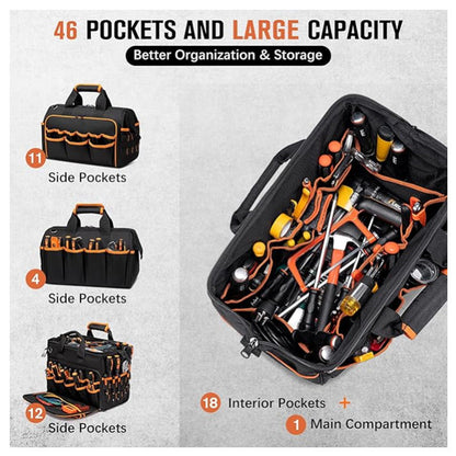 Heavy-Duty 17-Inch Tool Bag with 46 Pockets, Waterproof Base & Shoulder Strap(Black Orange) V888-ELOSUNG37057