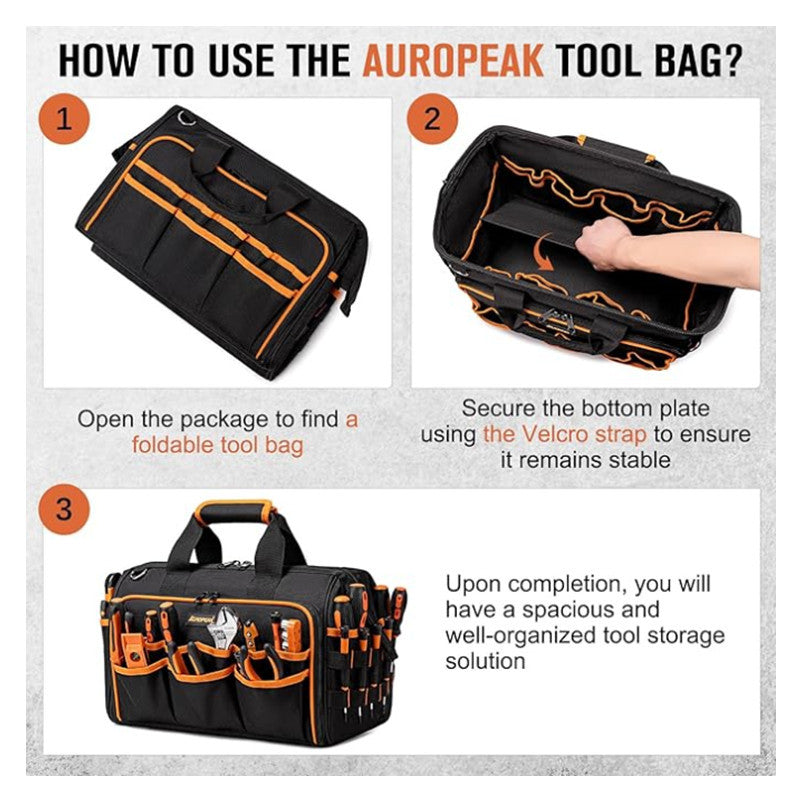 Heavy-Duty 17-Inch Tool Bag with 46 Pockets, Waterproof Base & Shoulder Strap(Black Orange) V888-ELOSUNG37057
