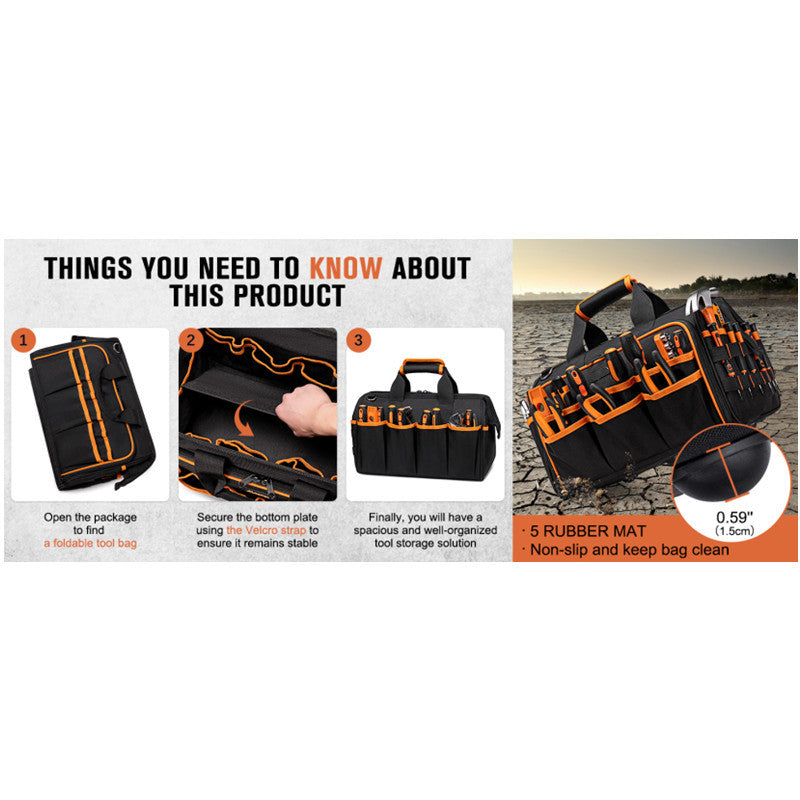 Heavy-Duty 17-Inch Tool Bag with 46 Pockets, Waterproof Base & Shoulder Strap(Black Orange) V888-ELOSUNG37057