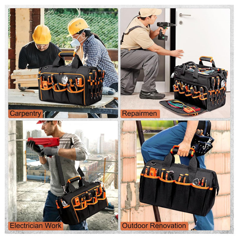 Heavy-Duty 17-Inch Tool Bag with 46 Pockets, Waterproof Base & Shoulder Strap(Black Orange) V888-ELOSUNG37057
