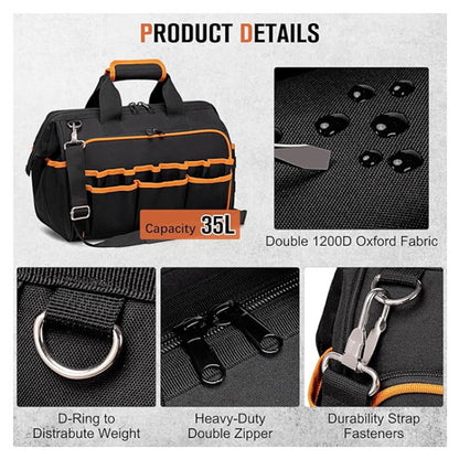 Heavy-Duty 17-Inch Tool Bag with 46 Pockets, Waterproof Base & Shoulder Strap(Black Orange) V888-ELOSUNG37057