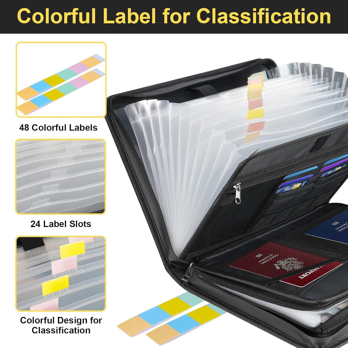 Fireproof & Waterproof Expanding File Folder Organizer with Zipper - Large Capacity Document Safe Bag(Black V888-ELOSUNG37058