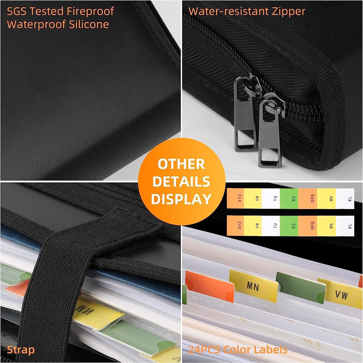 Fireproof & Waterproof Expanding File Folder Organizer with Zipper - Large Capacity Document Safe Bag(Black V888-ELOSUNG37059