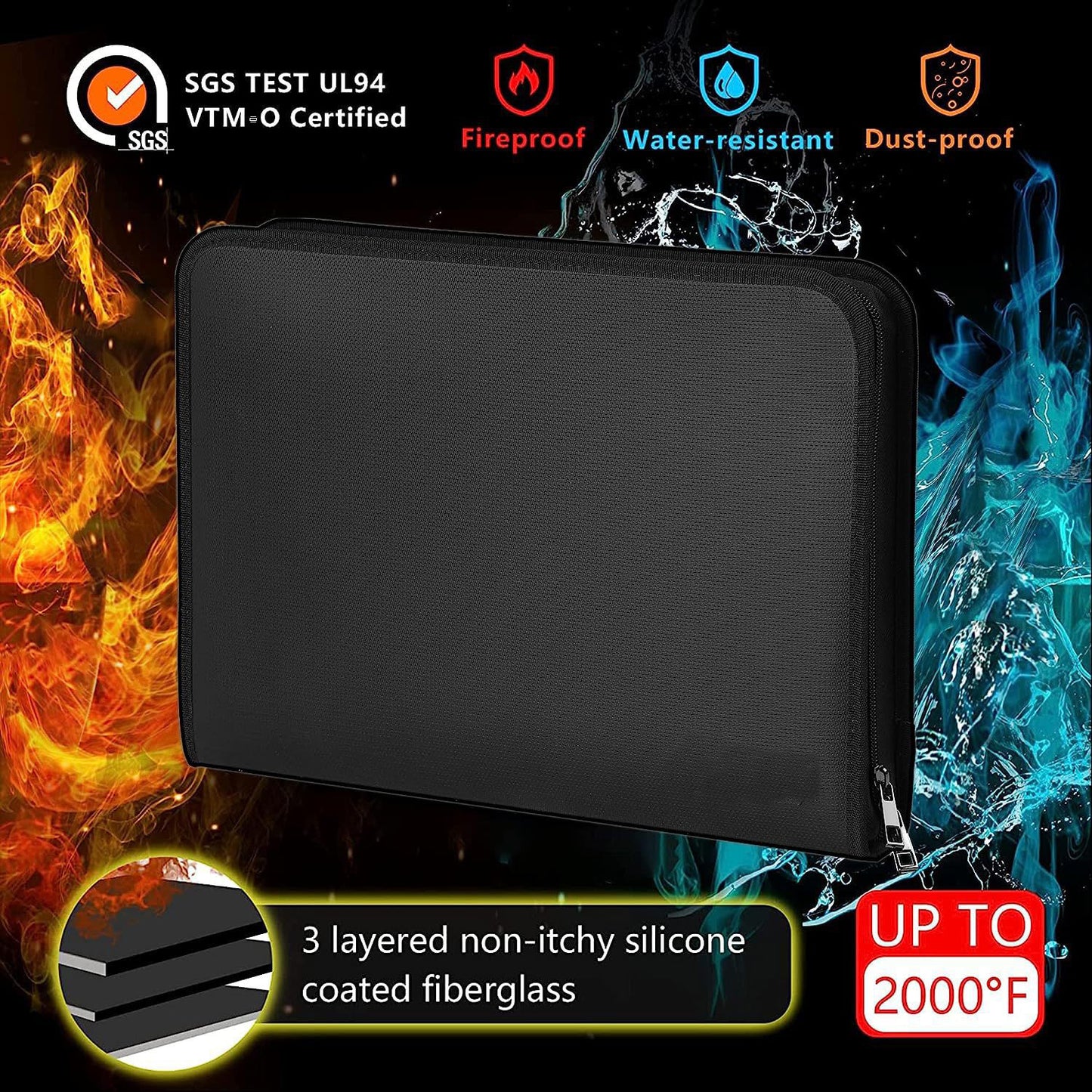 Fireproof & Waterproof Expanding File Folder Organizer with Zipper - Large Capacity Document Safe Bag(Black V888-ELOSUNG37059