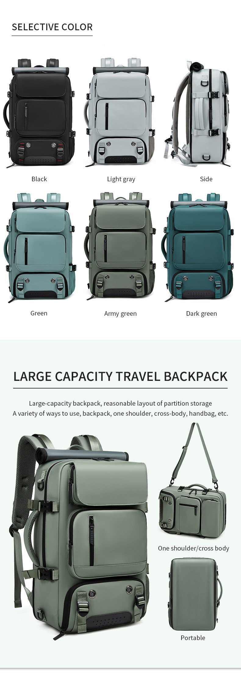 4-in-1 Convertible Travel Backpack & Briefcase - Large Capacity, 16" Laptop Compartment, USB Port(Army Green) V888-ELOSUNG37083