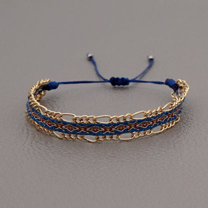 Blue Style Artisan Boho Beaded Bracelet - Handmade Woven Friendship Band with Gold-Plated Chain V888-ELOSUNG38003