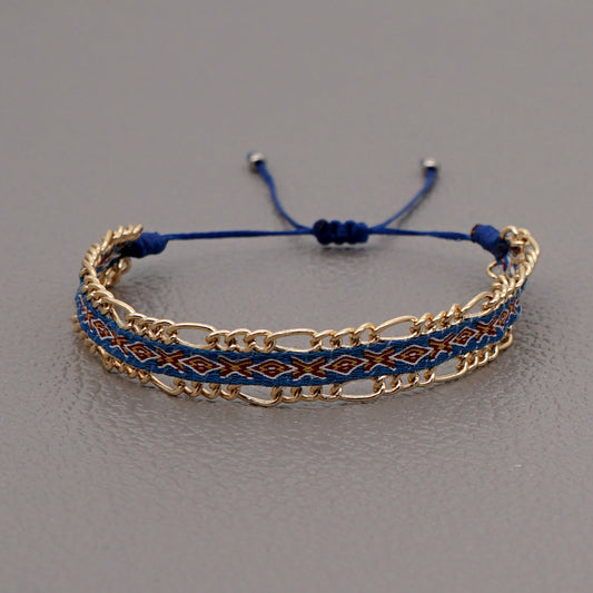 Blue Style Artisan Boho Beaded Bracelet - Handmade Woven Friendship Band with Gold-Plated Chain V888-ELOSUNG38003