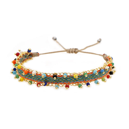 Green Style Artisan Boho Beaded Bracelet - Handmade Woven Friendship Band with Gold-Plated Chain V888-ELOSUNG38004