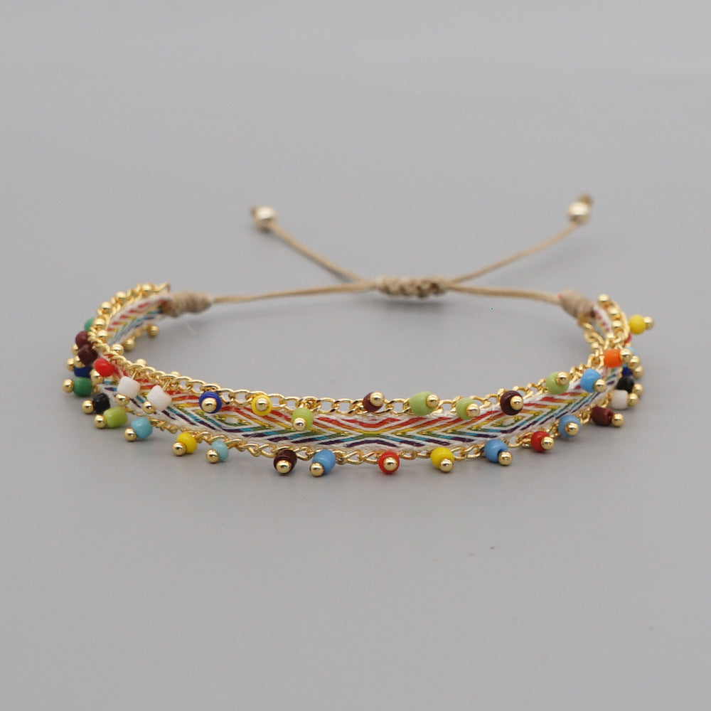 Multicolor Style Artisan Boho Beaded Bracelet - Handmade Woven Friendship Band with Gold-Plated Chain V888-ELOSUNG38006
