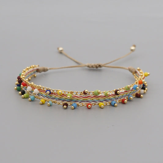 Multicolor Style Artisan Boho Beaded Bracelet - Handmade Woven Friendship Band with Gold-Plated Chain V888-ELOSUNG38006