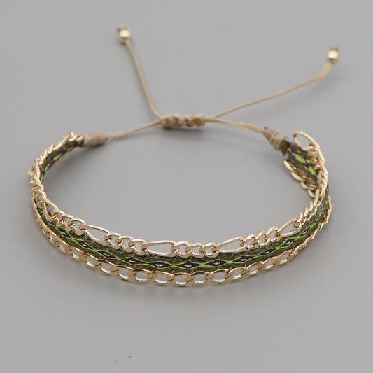 Beige-yellow Style Artisan Boho Beaded Bracelet - Handmade Woven Friendship Band with Gold-Plated Chain V888-ELOSUNG38007