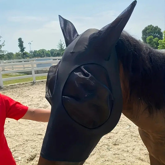 Black 2-PCS Breathable Horse Fly Mask Set - Equestrian Fly Veils with Ears for Insect Control and Comfort V888-ELOSUNG38030