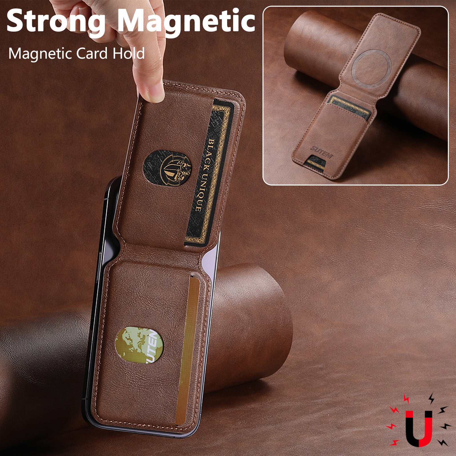 Brown Slim Magnetic Wallet with Kickstand for MagSafe - PU Leather Card Holder V888-ELOSUNG38034