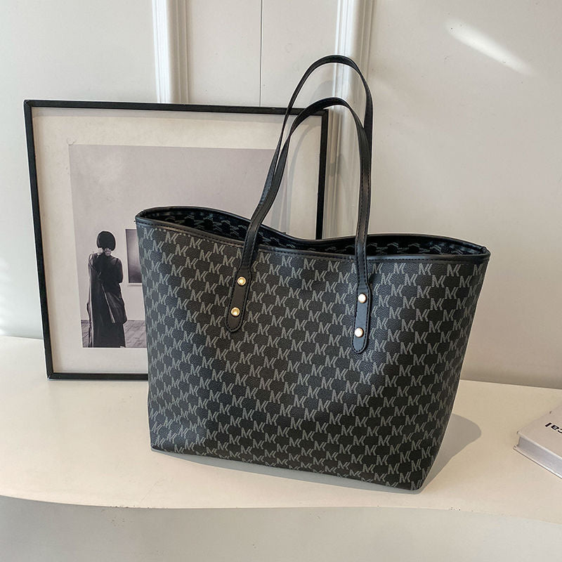 Black Chic Monogram Print Tote Bag - Large Capacity Shoulder Handbag for Work & Commuting V888-ELOSUNG38049