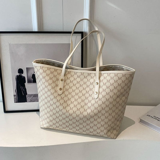 Beige Chic Monogram Print Tote Bag - Large Capacity Shoulder Handbag for Work & Commuting V888-ELOSUNG38050