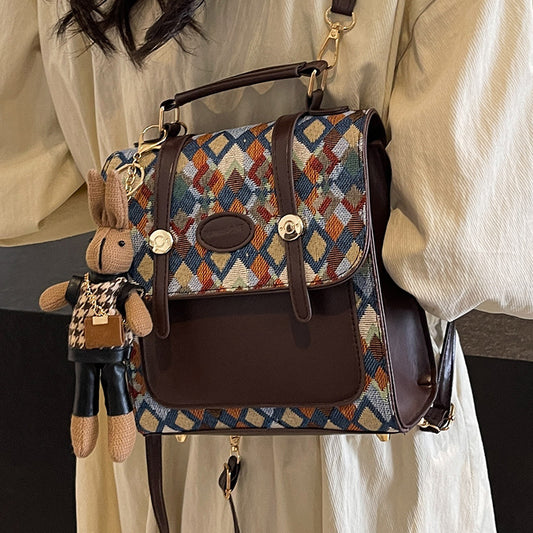 Blue Vintage Geometric Print Convertible Mini Backpack - 3-Way Satchel with Cute Bunny Charm V888-ELOSUNG38051