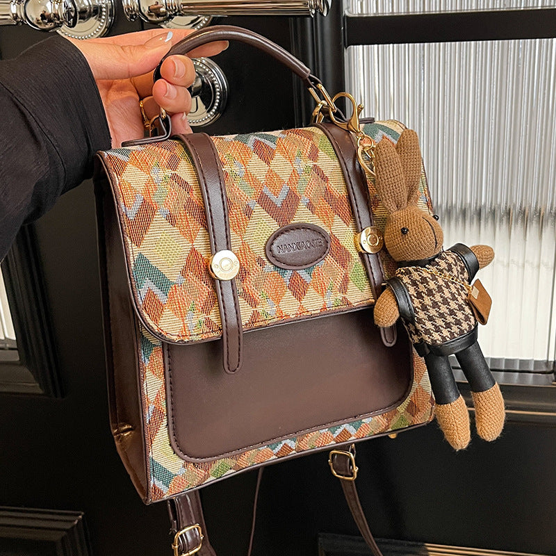 Khaki Vintage Geometric Print Convertible Mini Backpack - 3-Way Satchel with Cute Bunny Charm V888-ELOSUNG38052