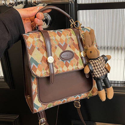 Khaki Vintage Geometric Print Convertible Mini Backpack - 3-Way Satchel with Cute Bunny Charm V888-ELOSUNG38052