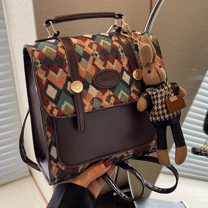 Green Vintage Geometric Print Convertible Mini Backpack - 3-Way Satchel with Cute Bunny Charm V888-ELOSUNG38053