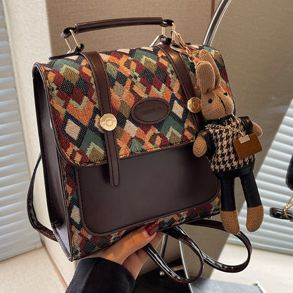Green Vintage Geometric Print Convertible Mini Backpack - 3-Way Satchel with Cute Bunny Charm V888-ELOSUNG38053