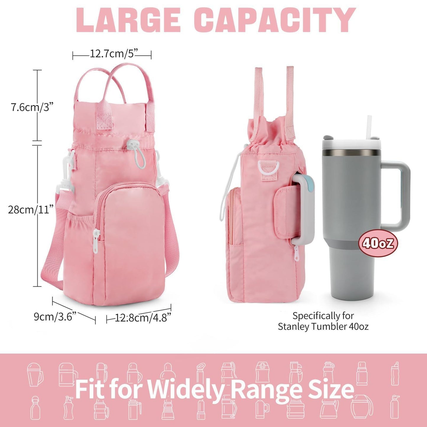 Purple Protective Crossbody Water Bottle Holder with Pockets, Fits 40oz Stanley Tumbler V888-ELOSUNG38106