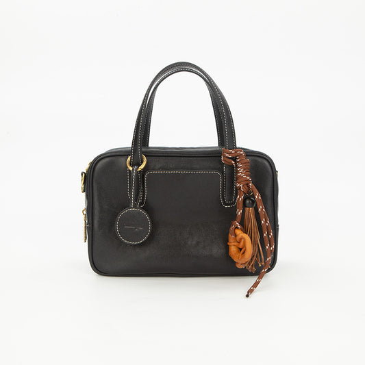 Small Size Black Vintage Genuine Split Leather Bowling Bag for Women - Retro Top Handle Satchel & Crossbody V888-ELOSUNG38110