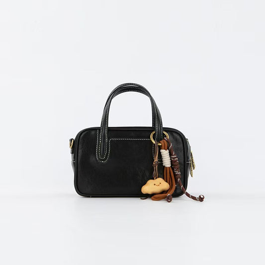 Mini Size Black Vintage Genuine Split Leather Bowling Bag for Women - Retro Top Handle Satchel & Crossbody V888-ELOSUNG38114
