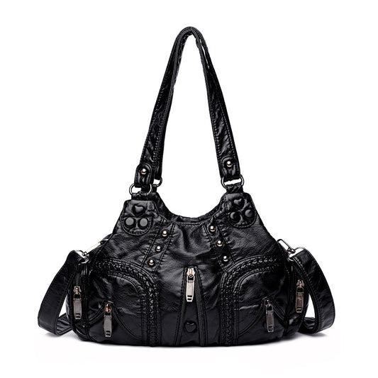 Black Women's Vintage Studded Hobo Bag - Soft Washed Leather Multi-Pocket Shoulder & Crossbody Purse V888-ELOSUNG38116