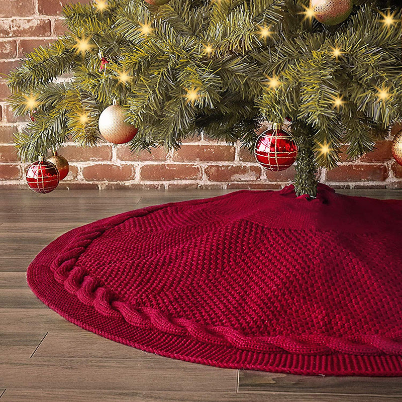 Festive Knit Christmas Tree Skirt - Acrylic Red Tree Mat with Pom-Poms 122cm V888-ELOSUNG38158
