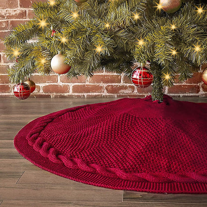 Festive Knit Christmas Tree Skirt - Acrylic Red Tree Mat with Pom-Poms 122cm V888-ELOSUNG38158