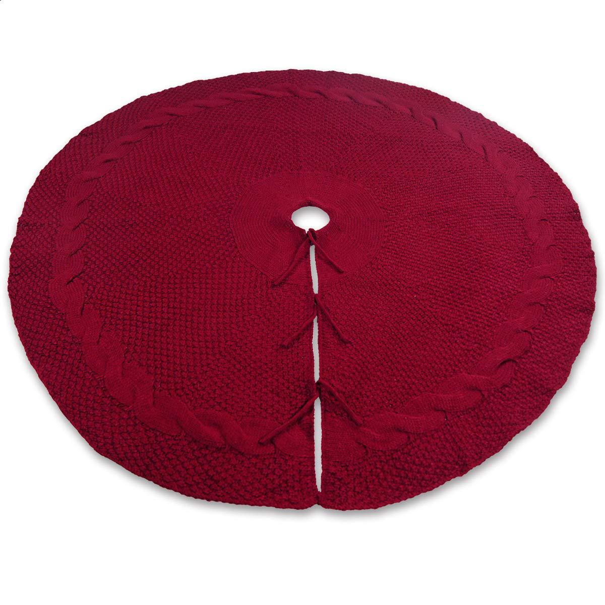Festive Knit Christmas Tree Skirt - Acrylic Red Tree Mat with Pom-Poms 122cm V888-ELOSUNG38158