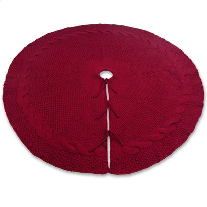 Festive Knit Christmas Tree Skirt - Acrylic Red Tree Mat with Pom-Poms 122cm V888-ELOSUNG38158