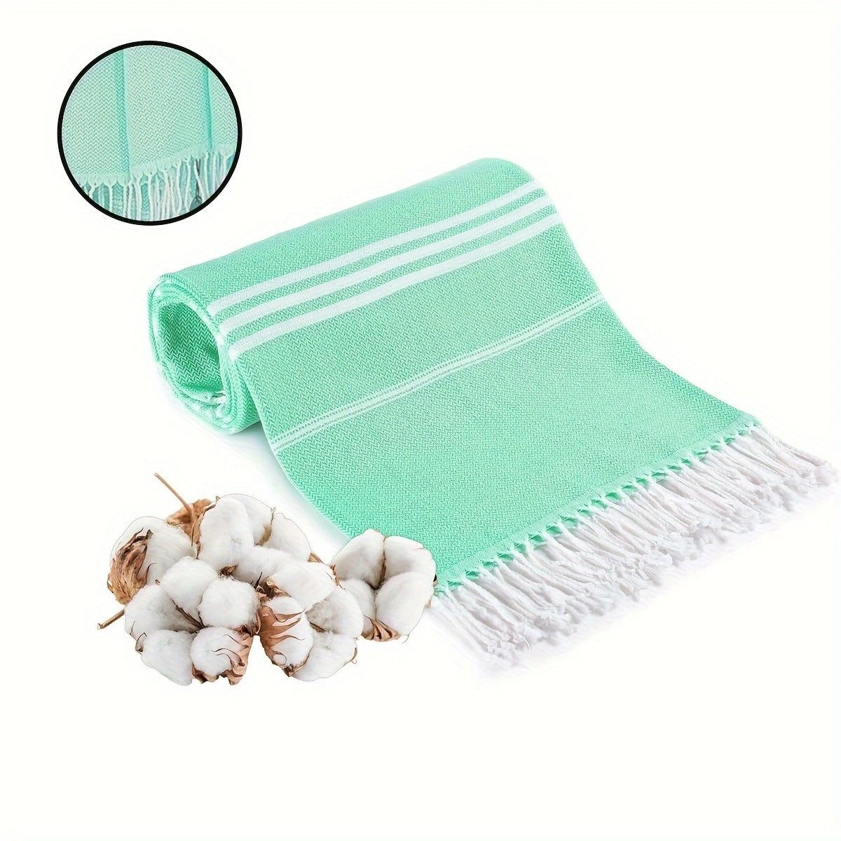 Green Chic Striped 100% Cotton Beach Towel with Tassels - Extra Large & Absorbent (180x90cm) V888-ELOSUNG38192