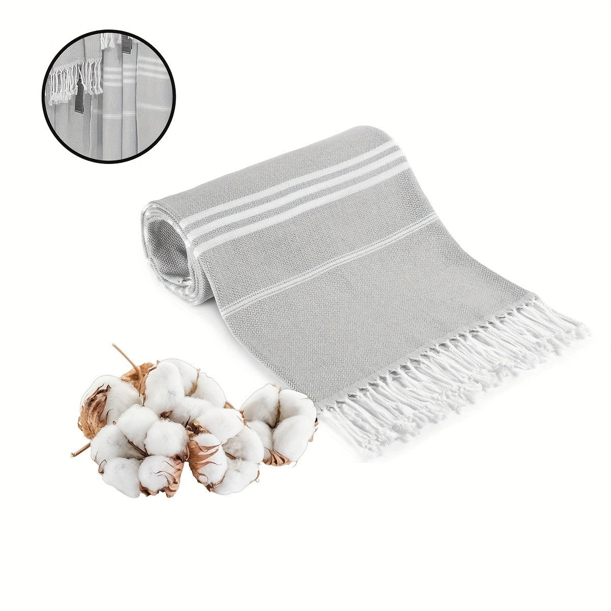 Grey Chic Striped 100% Cotton Beach Towel with Tassels - Extra Large & Absorbent (180x90cm) V888-ELOSUNG38193