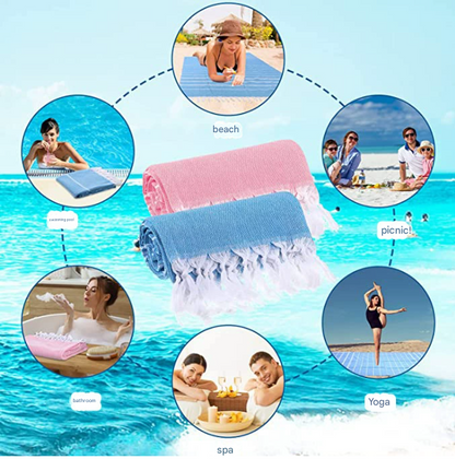 Blue Chic Striped 100% Cotton Beach Towel with Tassels - Extra Large & Absorbent (180x90cm) V888-ELOSUNG38194
