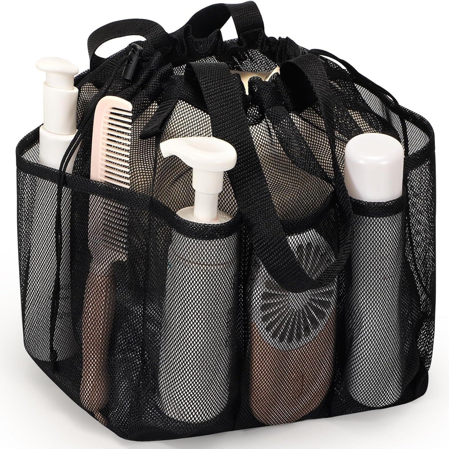 Black Large Multi-Pocket Mesh Beach Tote Bag - Quick-Dry Travel & Gym Organizer with Drawstring Closure V888-ELOSUNG38196