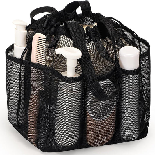 Black Large Multi-Pocket Mesh Beach Tote Bag - Quick-Dry Travel & Gym Organizer with Drawstring Closure V888-ELOSUNG38196