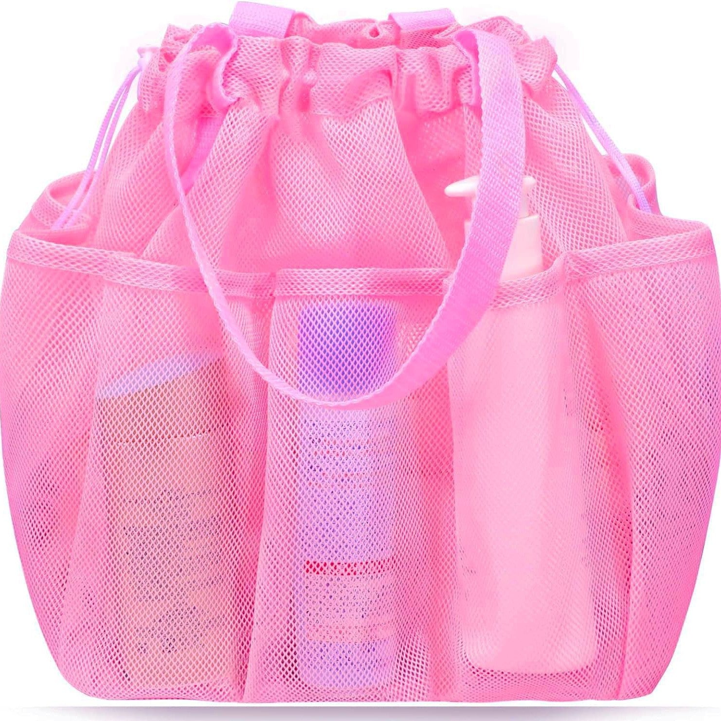 Pink Large Multi-Pocket Mesh Beach Tote Bag - Quick-Dry Travel & Gym Organizer with Drawstring Closure V888-ELOSUNG38197